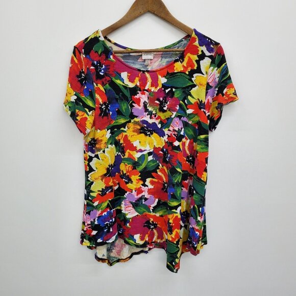 Cupio Multicolor Floral Print Short Sleeve Top XL Stretch Asymmetrical Hem - Picture 3 of 13